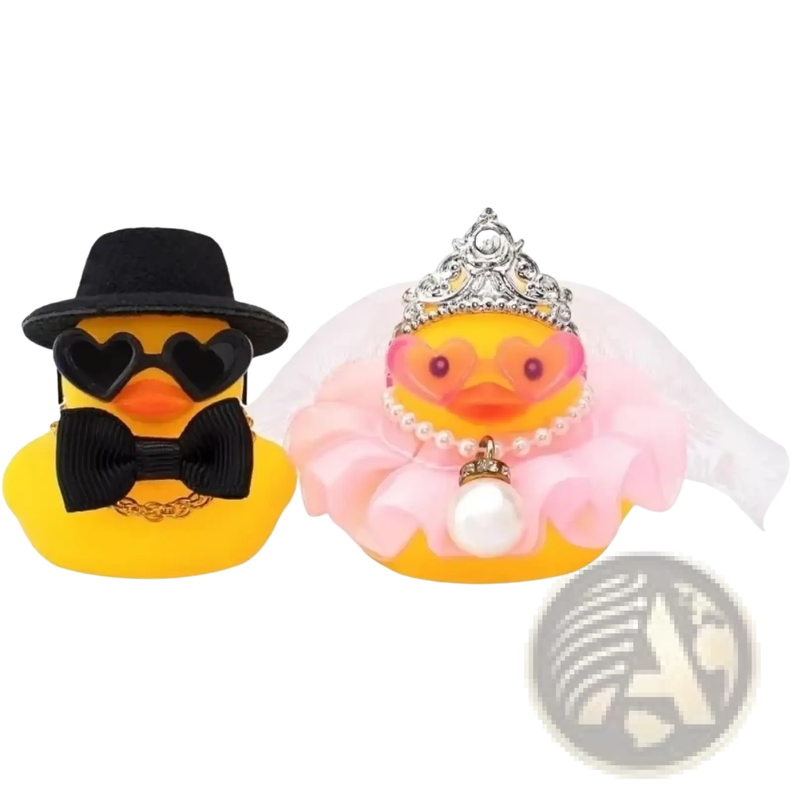 Yellow rubber duck wedding couple ornament set with groom in top hat and sunglasses and bride in tiara and pink gown