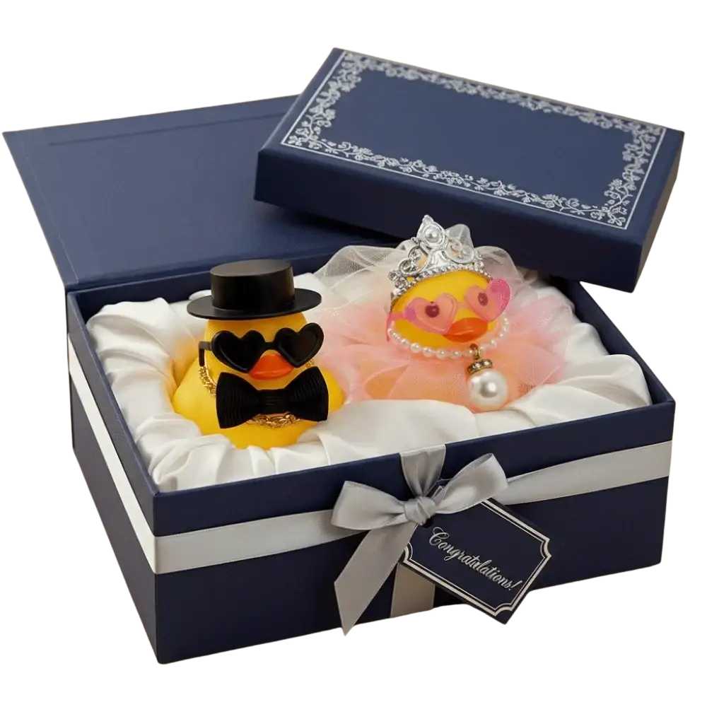 Wedding rubber duck couple ornament set featuring yellow rubber ducks with formal accessories and heart-shaped eyes