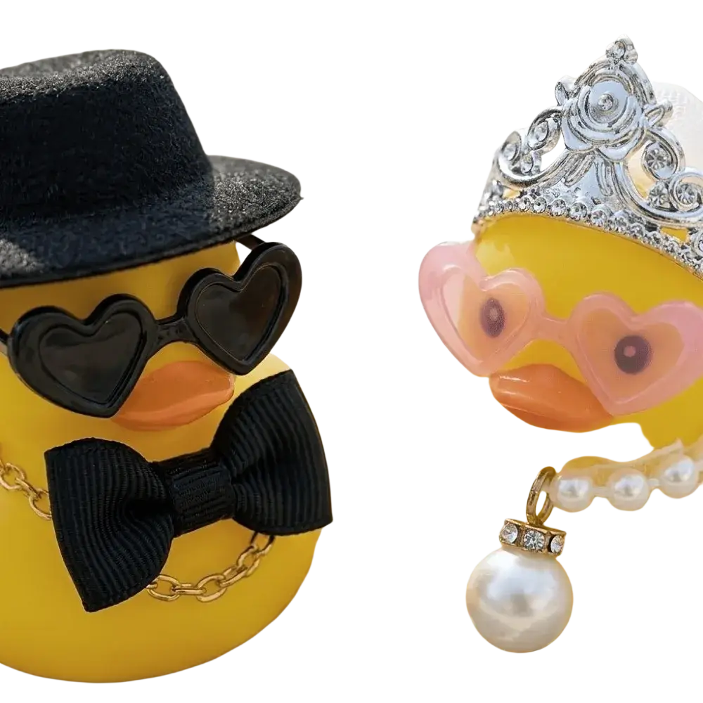 Yellow rubber duck wedding couple ornament set featuring one with black fedora and bow tie and one with silver tiara