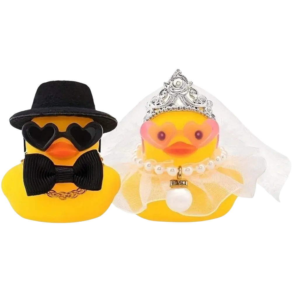 Wedding rubber duck couple ornament set featuring yellow rubber ducks dressed as bride and groom with detailed accessories