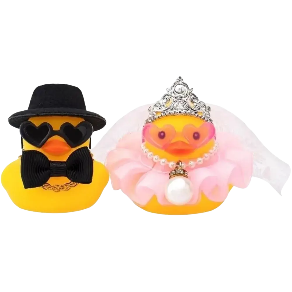 Yellow rubber duck wedding couple ornament set with groom in top hat and sunglasses and bride in tiara and pink gown