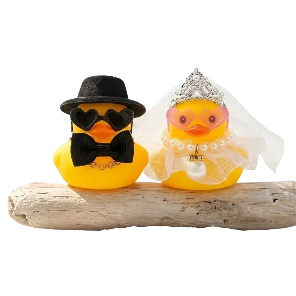 Yellow rubber duck couple ornament set dressed in wedding attire with black accessories and pearl details