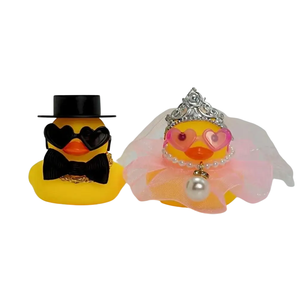 Yellow rubber duck dressed as groom with black top hat heart-shaped sunglasses and bow tie wedding rubber duck couple ornament set