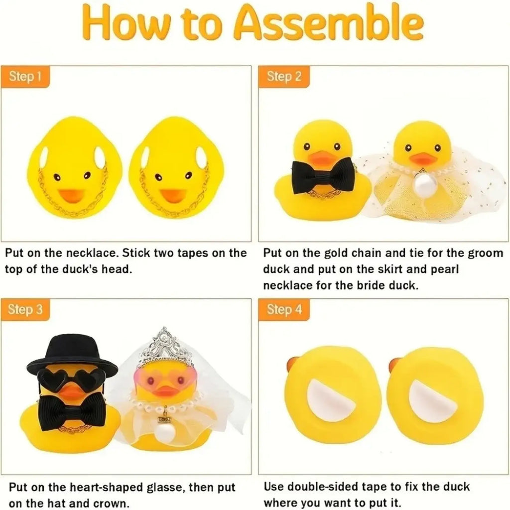 Yellow rubber duck wedding ornament set with black bow tie and pearl necklace accessories for couples