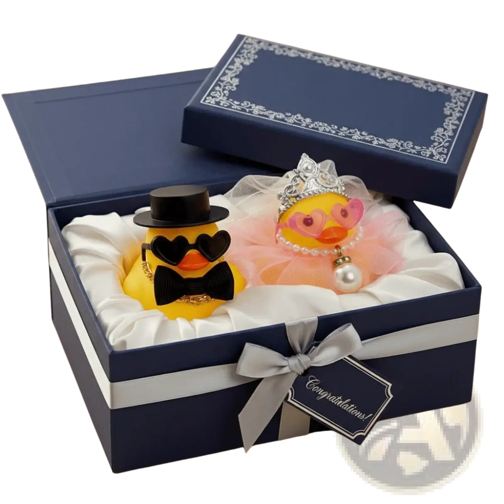 Wedding rubber duck couple ornament set featuring yellow rubber ducks with formal accessories and heart-shaped eyes