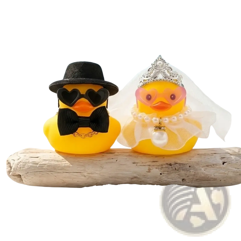 Yellow rubber duck couple ornament set dressed in wedding attire with black accessories and pearl details