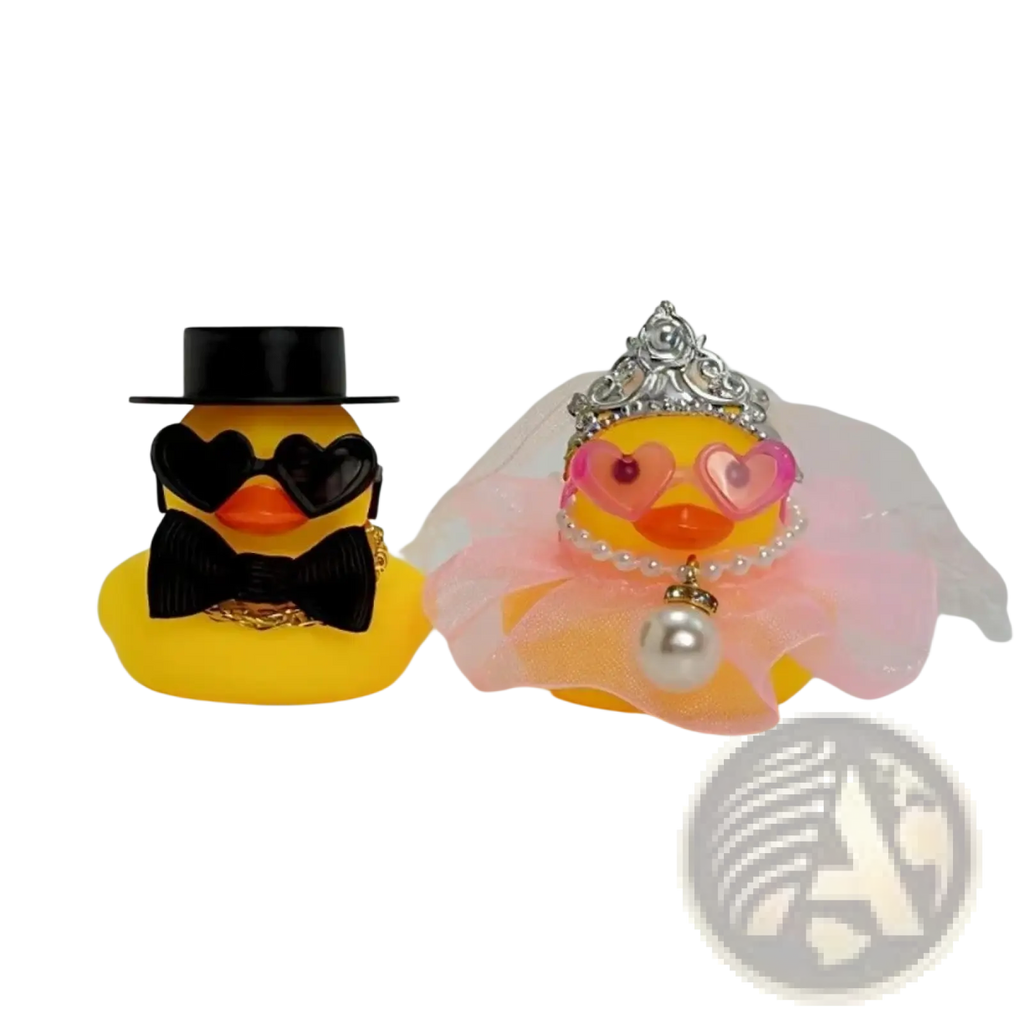 Yellow rubber duck dressed as groom with black top hat heart-shaped sunglasses and bow tie wedding rubber duck couple ornament set
