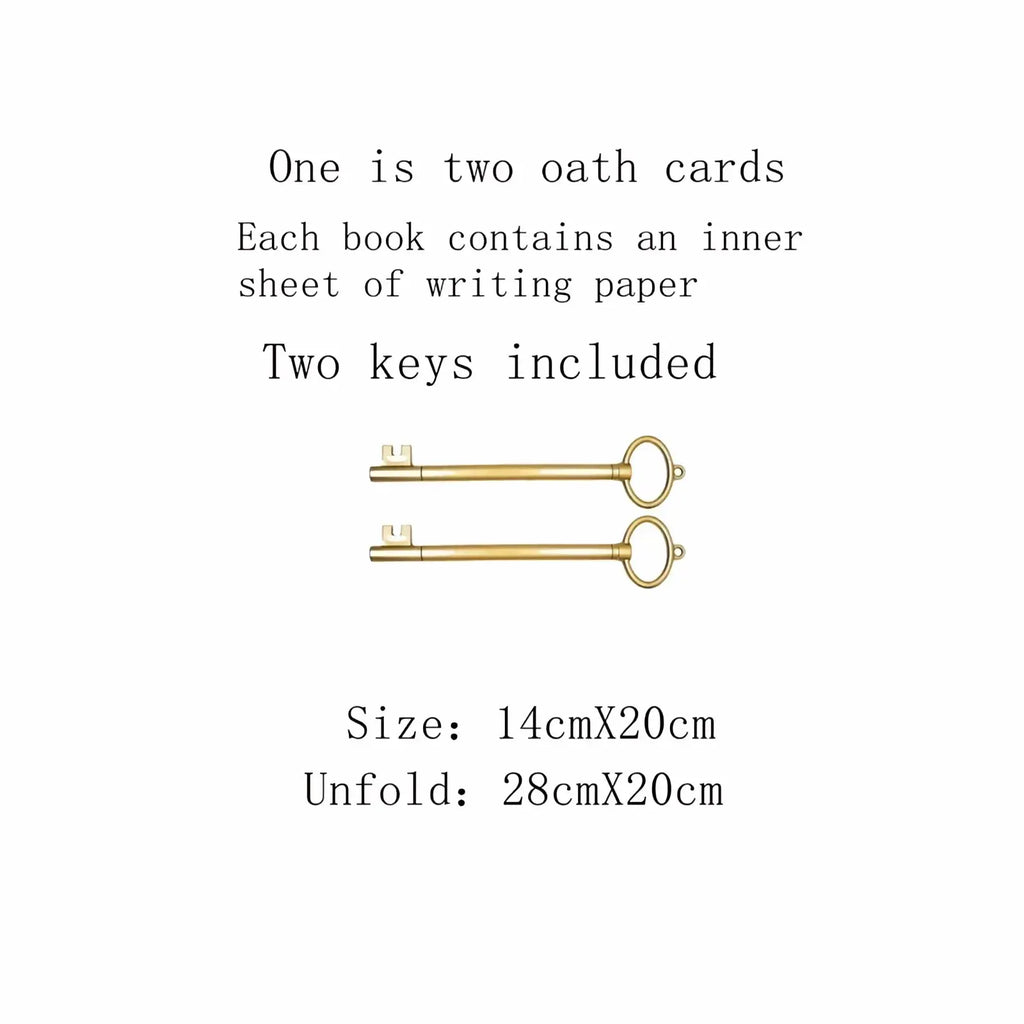 Gold-colored metal keys with ornate loops and detailed bits included in a wedding vow books set with ribbons