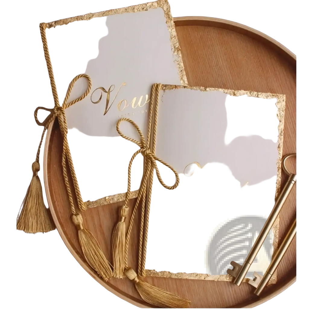 Elegant ivory wedding vow books set with gold foil edges and braided cord ties with tassels for weddings