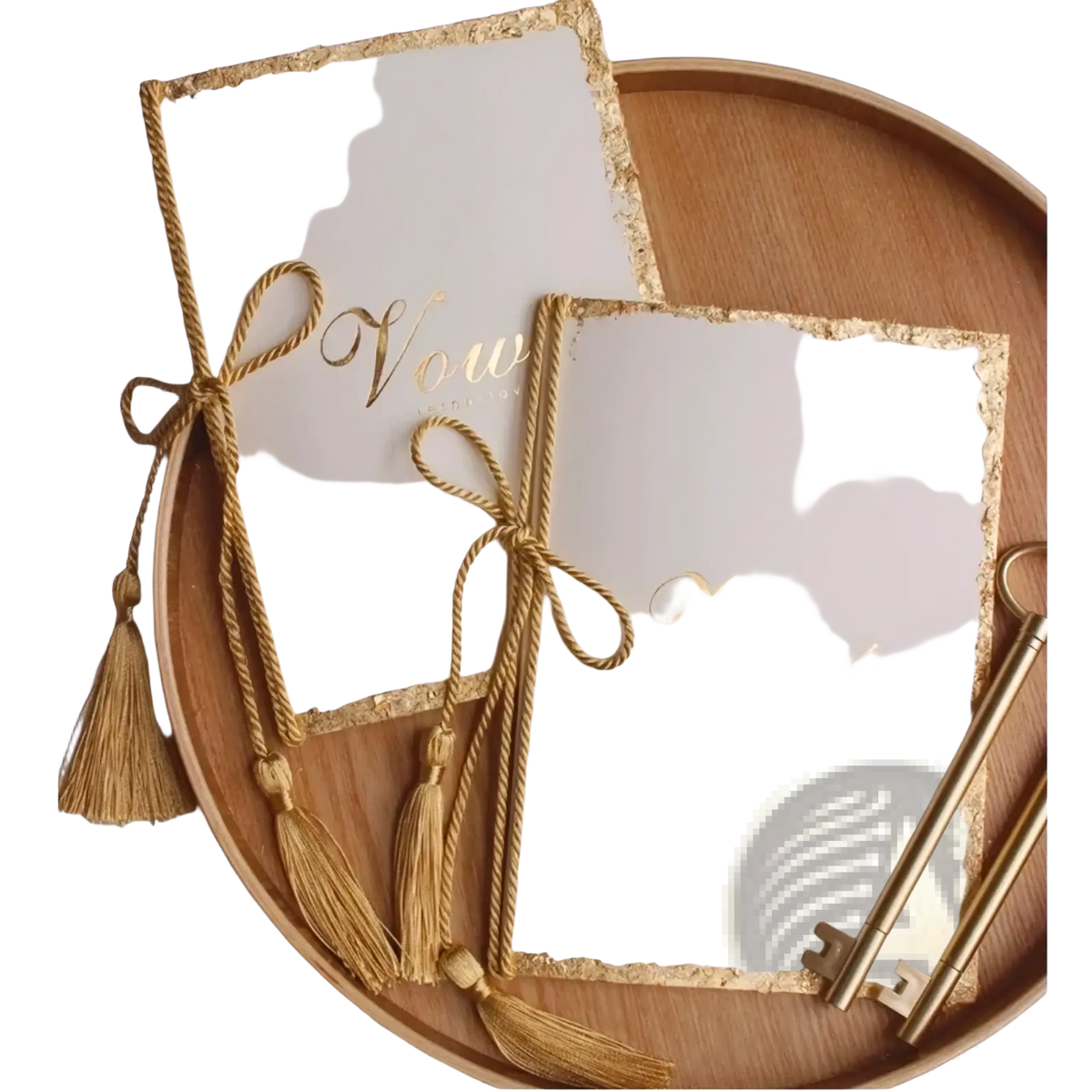 Elegant ivory wedding vow books set with gold foil edges and braided cord ties with tassels for weddings