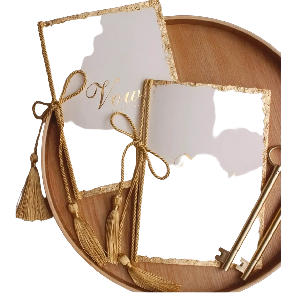 Elegant ivory wedding vow books set with gold foil edges and matching braided cord ties with tassels