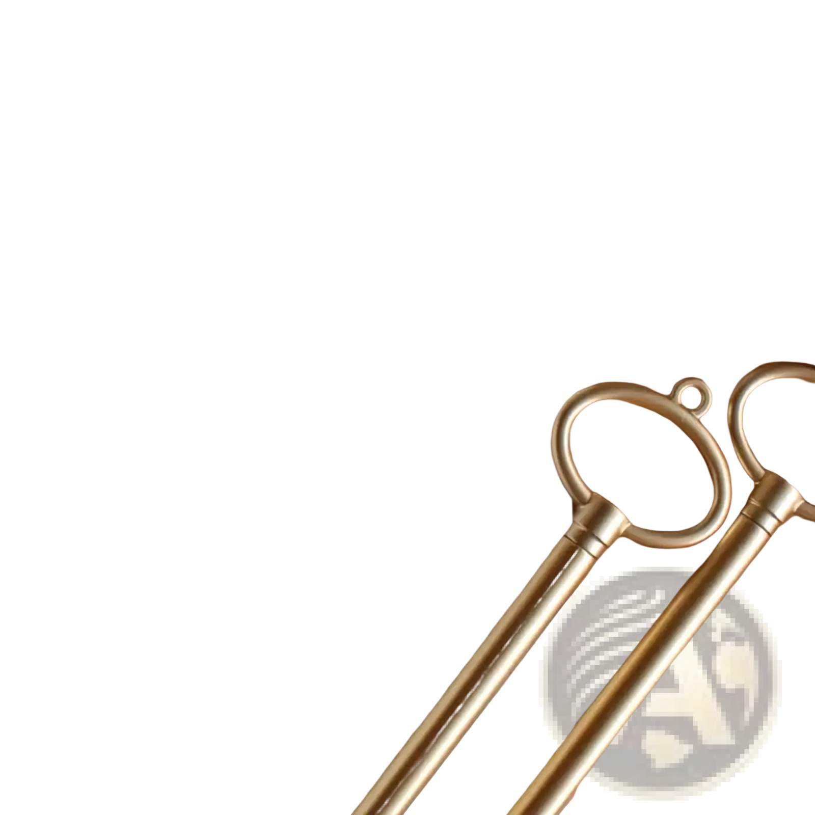Two elegant gold-toned brass keys with circular ring handles on wooden surface for wedding vow books set