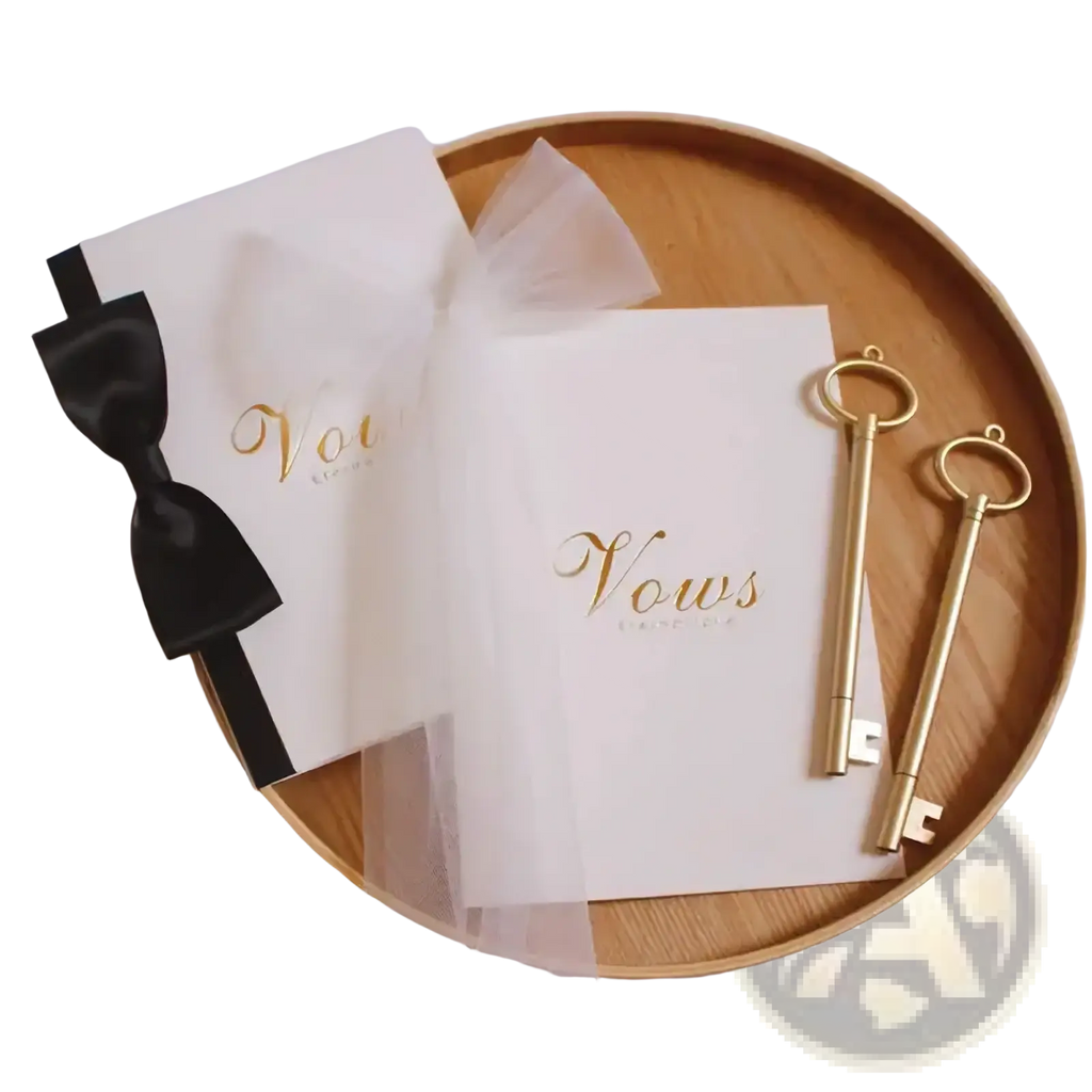 White wedding vow book set with gold foil lettering sheer tulle accents and two ornate golden skeleton keys