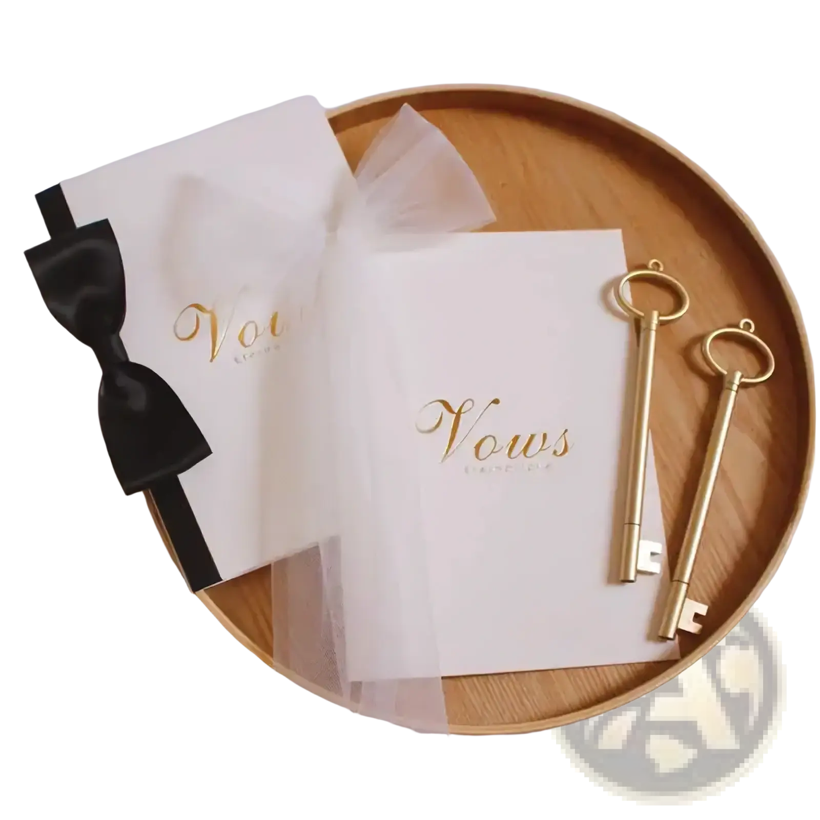 White wedding vow book set with gold foil lettering sheer tulle accents and two ornate golden skeleton keys