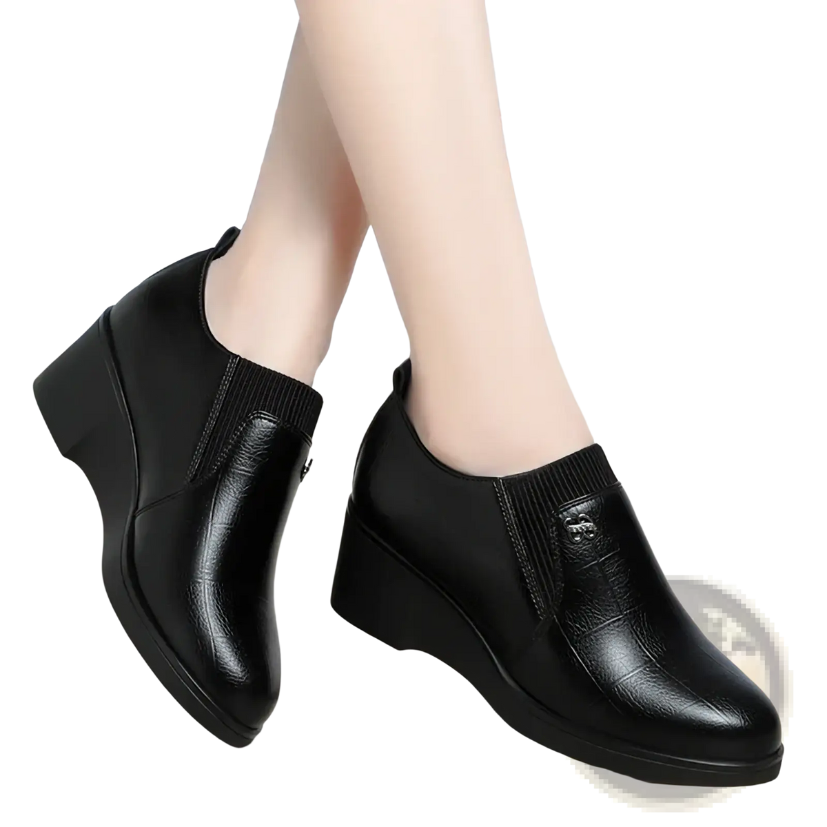 Black leather wedge ankle boots with ribbed knit cuff and subtle embossed logo for comfortable slip on wear
