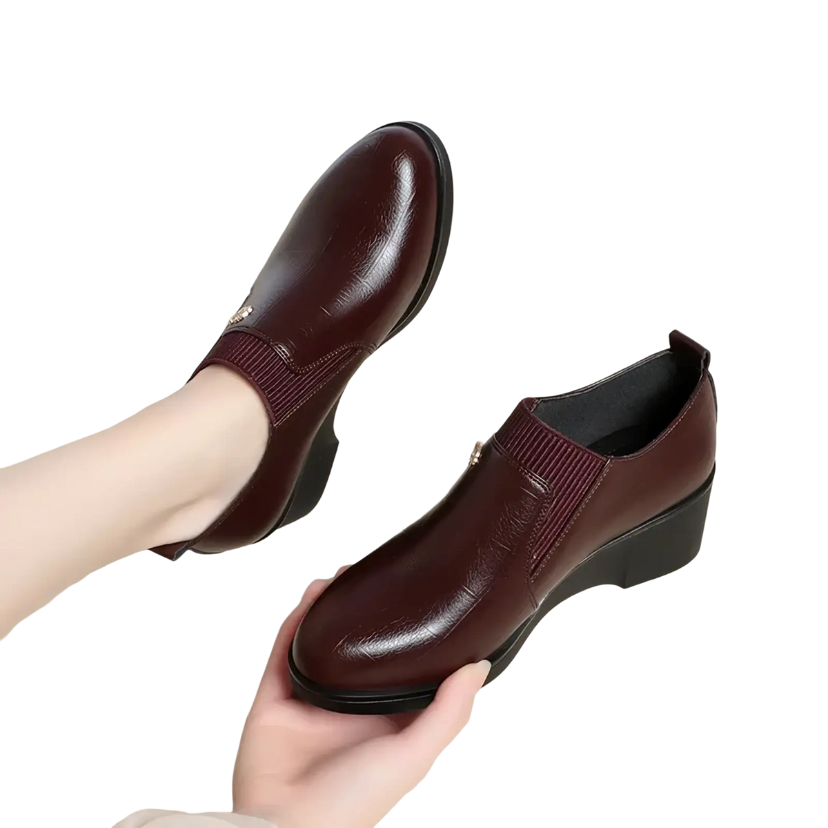 Burgundy leather wedge ankle boots with chunky heel and elastic side panel for comfortable slip on wear