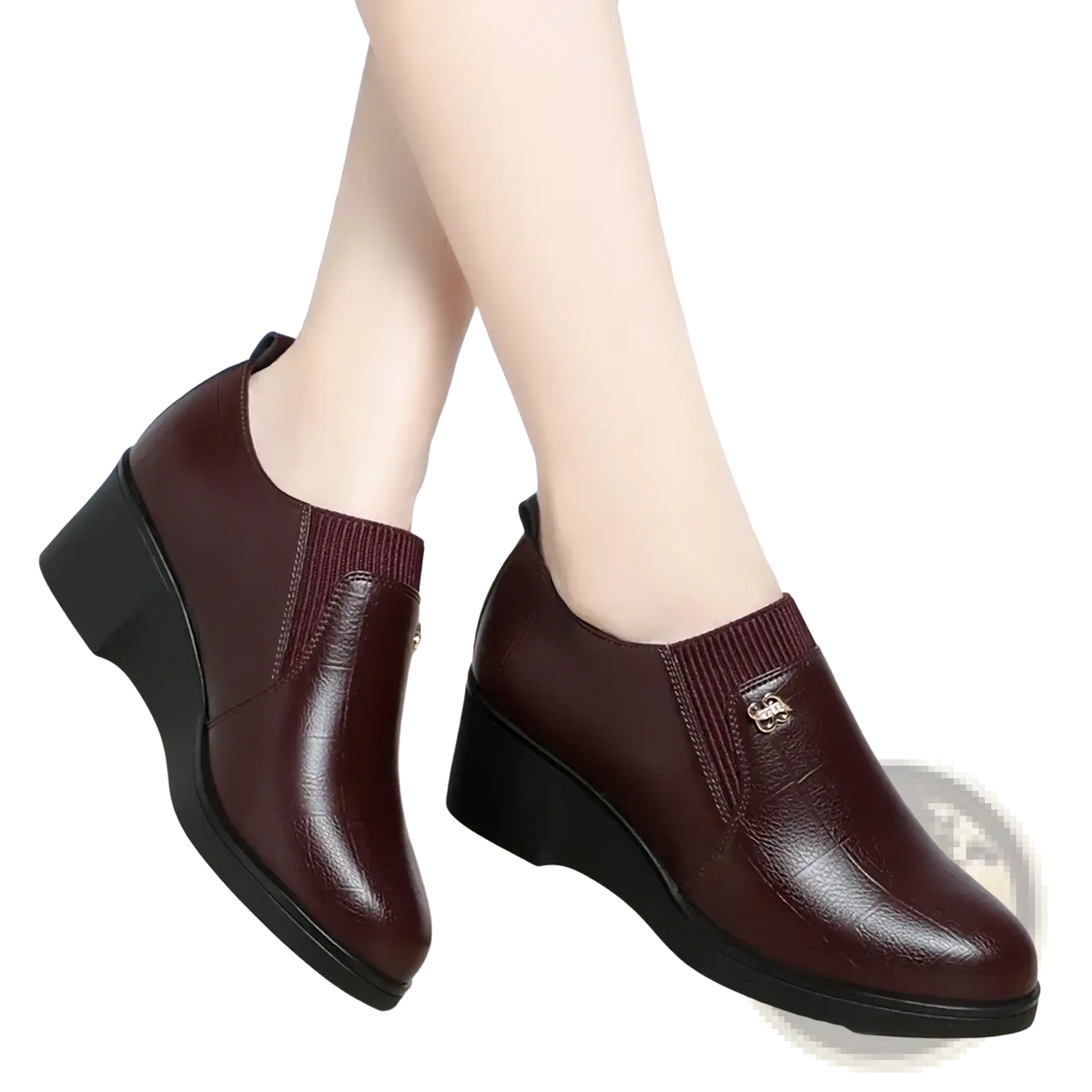 Burgundy leather wedge ankle boots with ribbed elastic side panel and small metallic buckle for comfortable slip on
