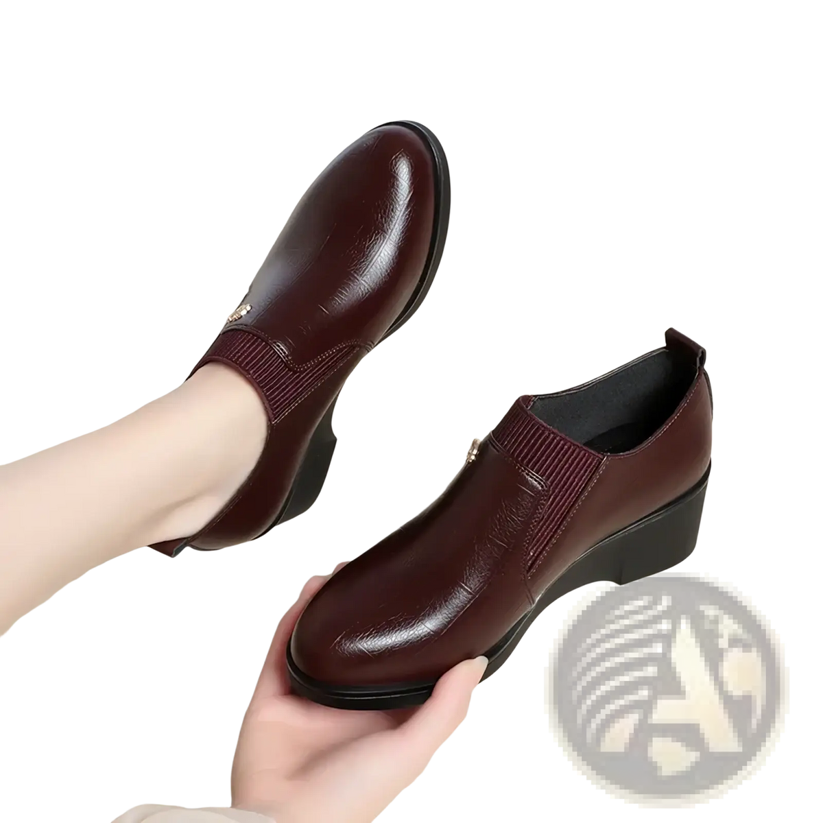 Burgundy leather wedge ankle boots with chunky heel and elastic side panel for comfortable slip on wear