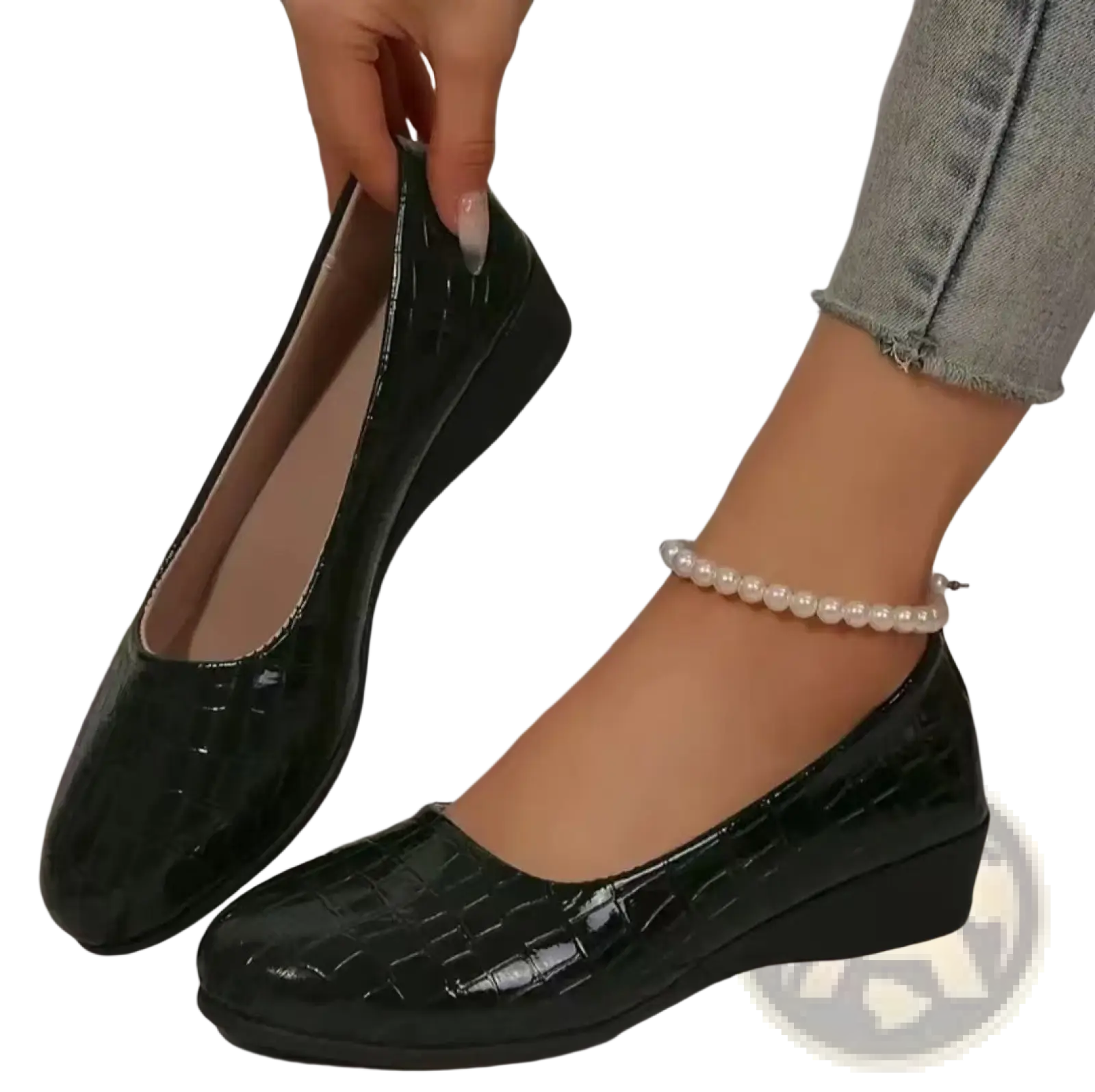 Black patent leather wedge flats with crocodile embossed texture and rounded toe for stylish wear