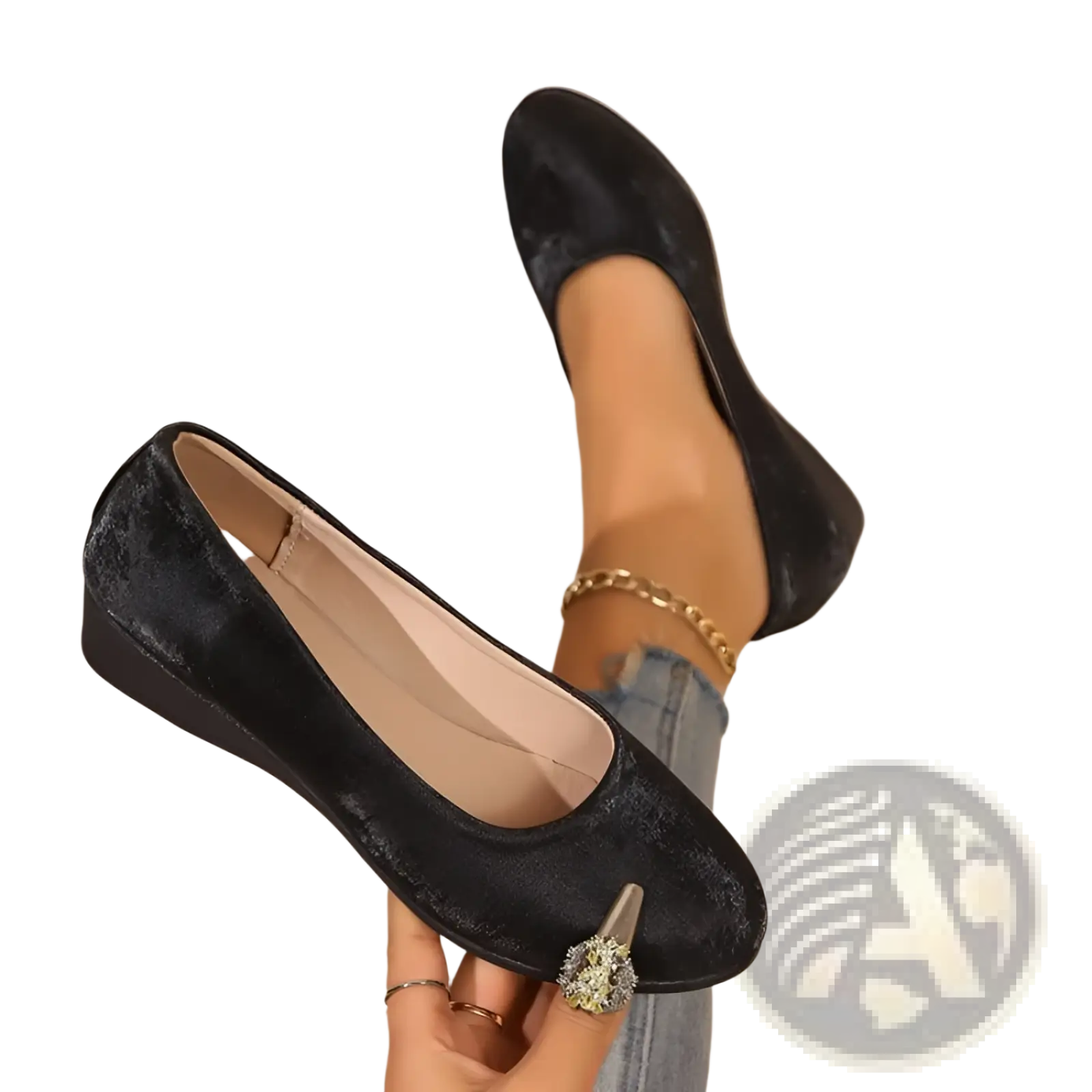 Black velvet wedge flats with sparkling rhinestone toe embellishment from crocodile embossed patent leather shoes collection