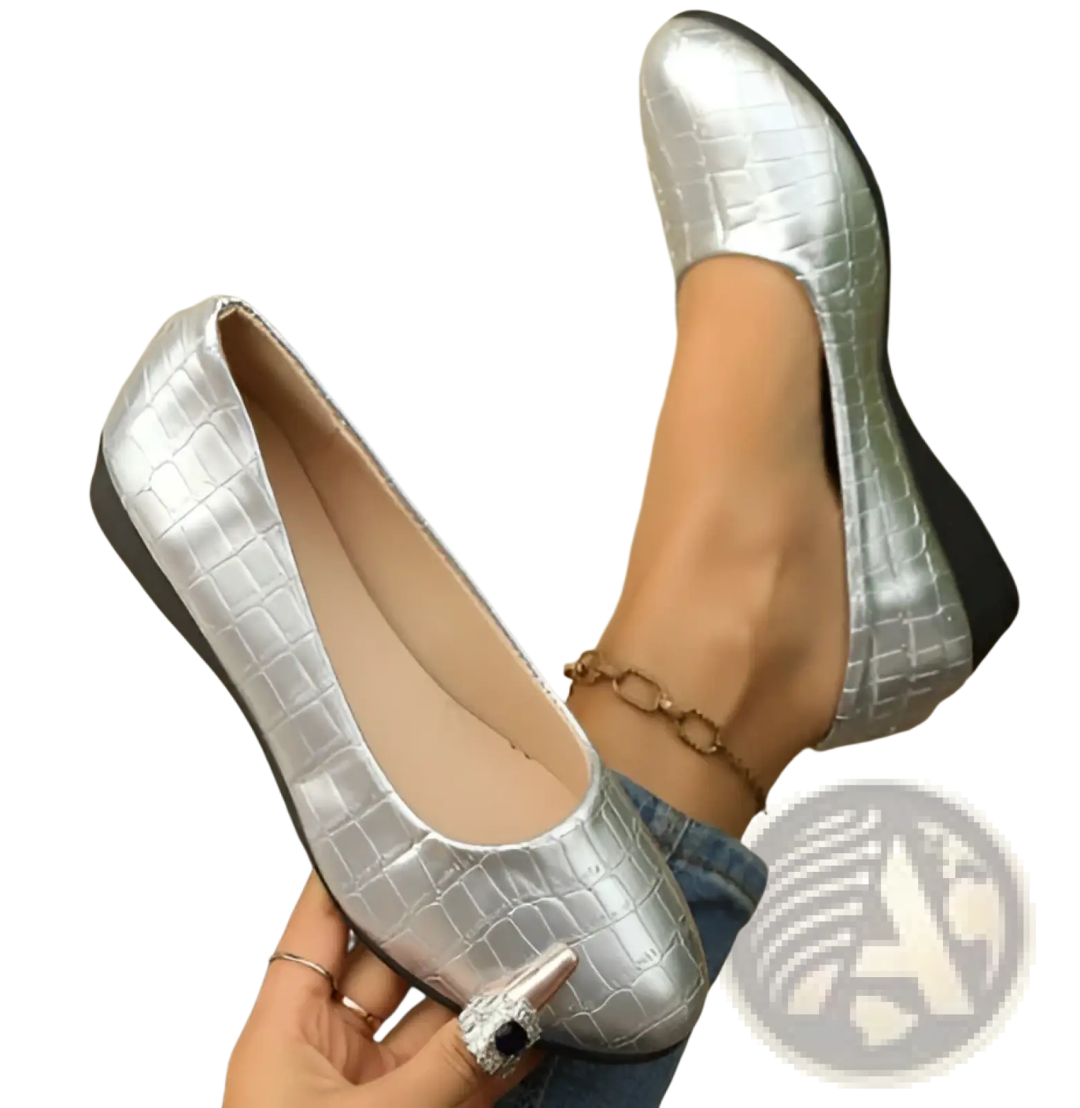 Silver wedge flats crocodile embossed patent leather shoes with subtle heel for stylish everyday wear