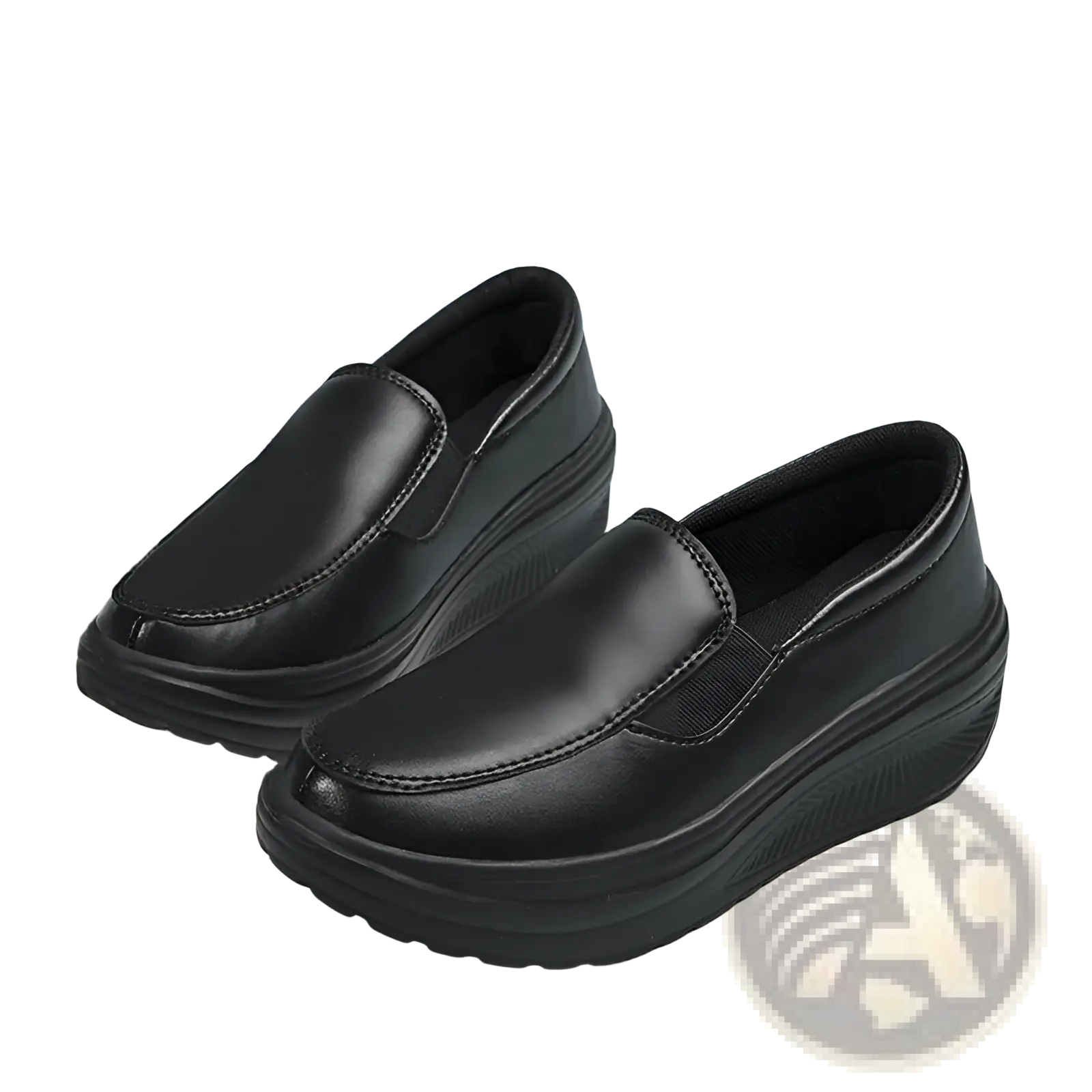 Black leather wedge heel platform slip on shoes with thick textured sole for comfortable everyday wear