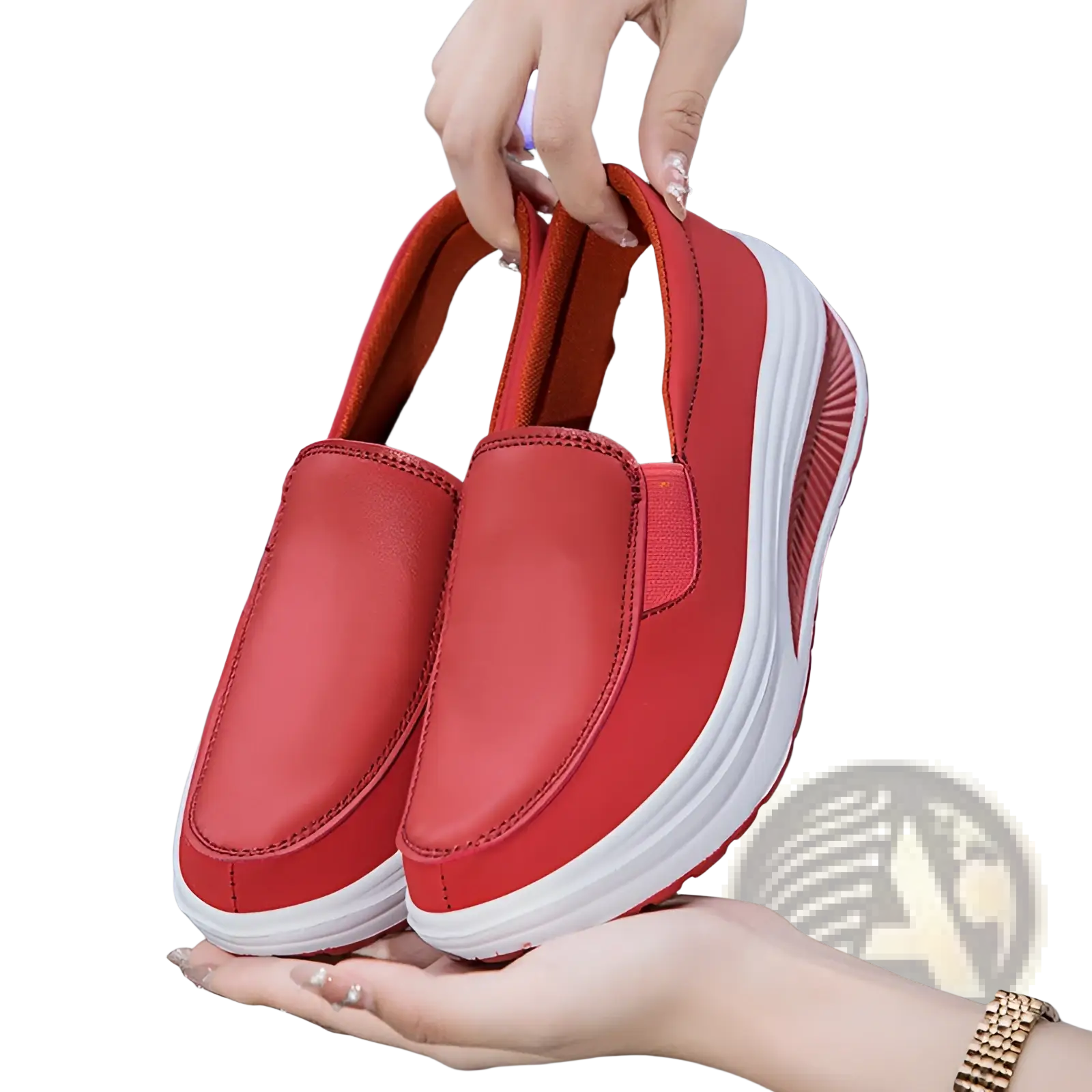 Wedge heel platform slip on leather shoes in red with white cushioned sole and side stripes visible from the front side