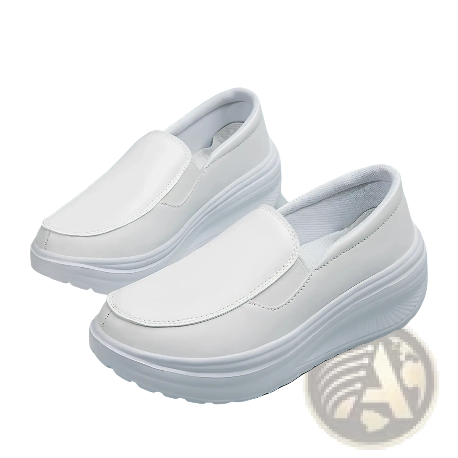 White wedge heel platform slip on leather shoes with thick cushioned sole and smooth leather upper front view