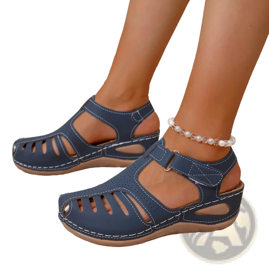 Navy blue wedge platform sandals for women with white stitching and buckle strap roman style summer shoes
