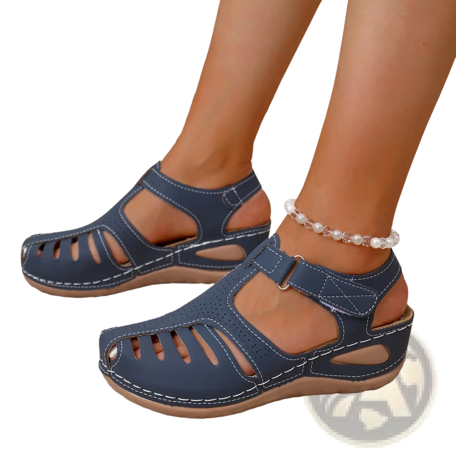 Navy blue wedge platform sandals for women with white stitching and buckle strap roman style summer shoes