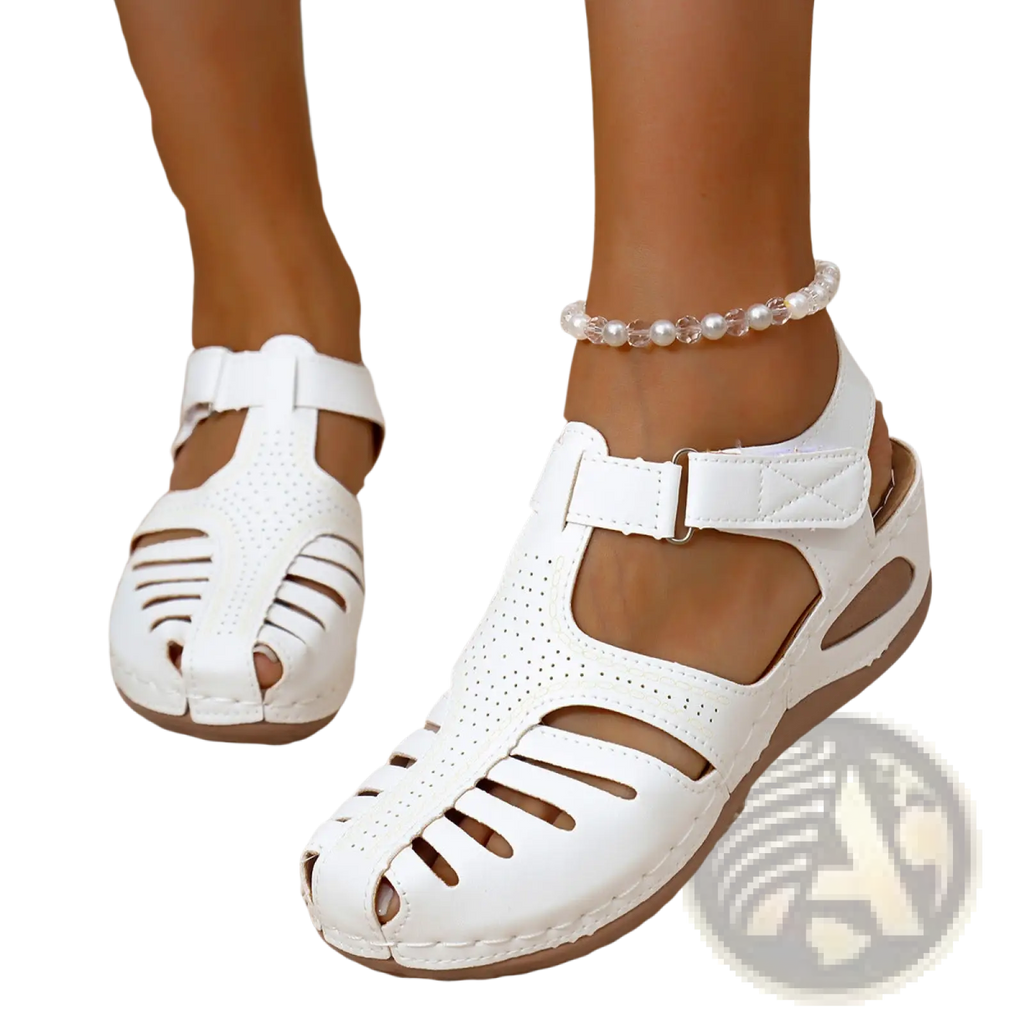 White perforated leather wedge platform sandals for women with t-strap design and brown sole roman style summer shoes