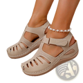 Beige wedge platform sandals for women with perforated detailing and adjustable strap closures for summer wear