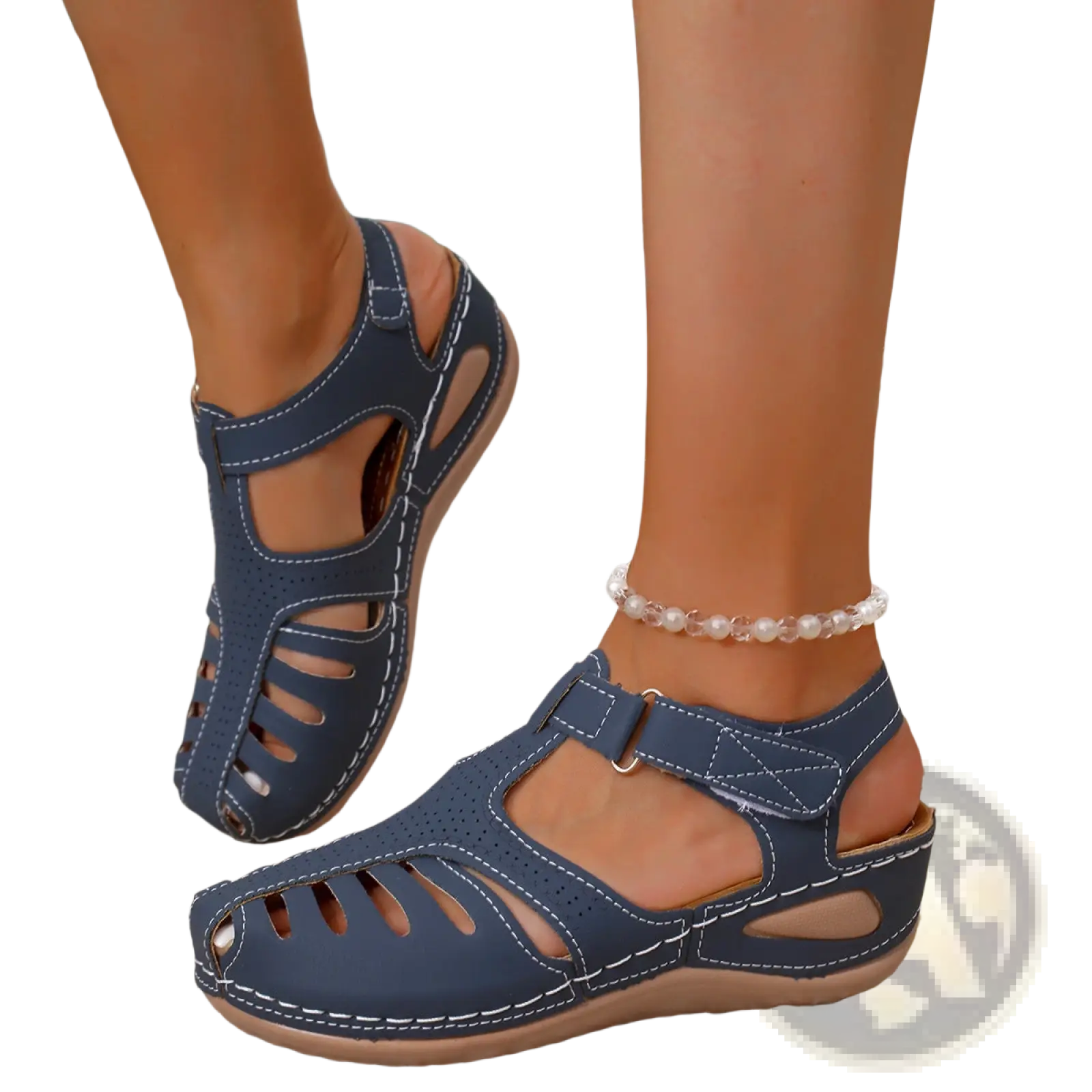 Navy blue leather wedge platform sandals for women with white stitching and cutout details in Roman style summer shoes