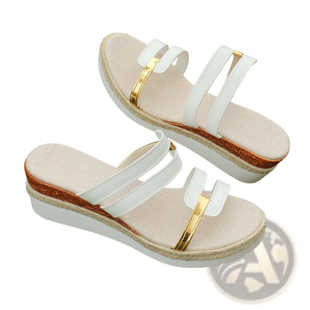 White wedge espadrille sandals with woven rope detailing and gold-tone metal accents for stylish summer wear