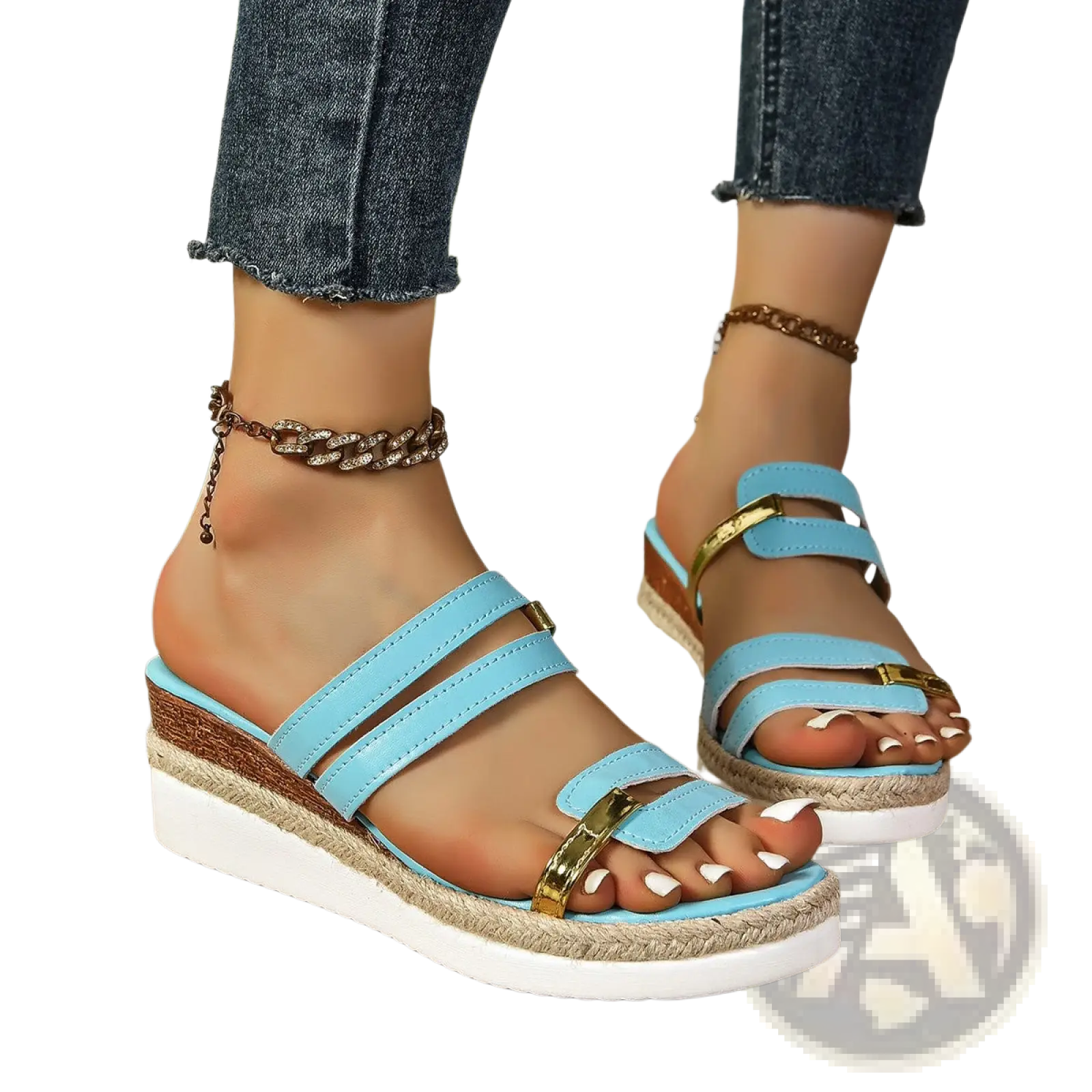 Light blue wedge sandals with espadrille jute sole and gold-tone metal accents for stylish summer wear