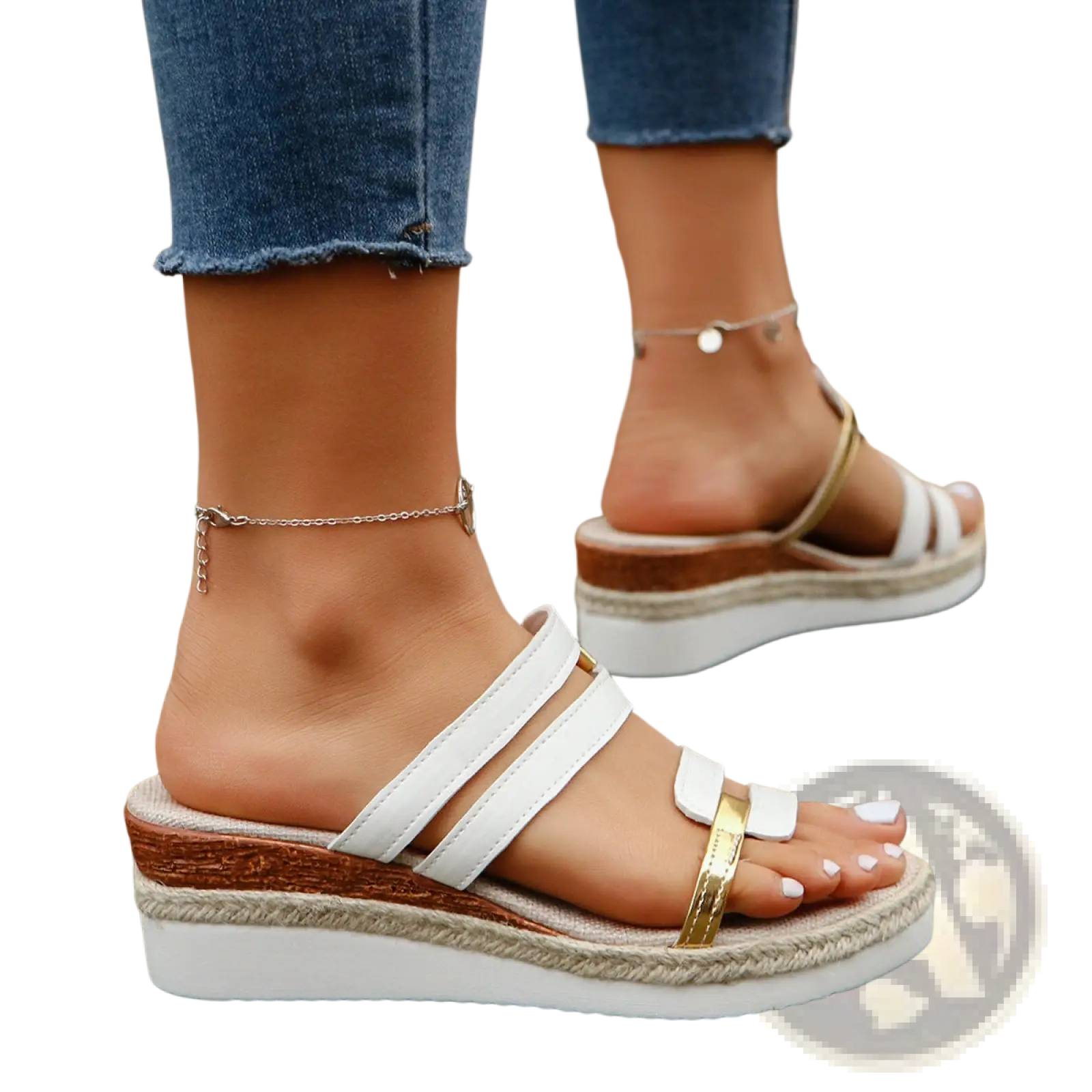White wedge sandals with espadrille heel, gold-tone metal accents, platform design, and woven sole details