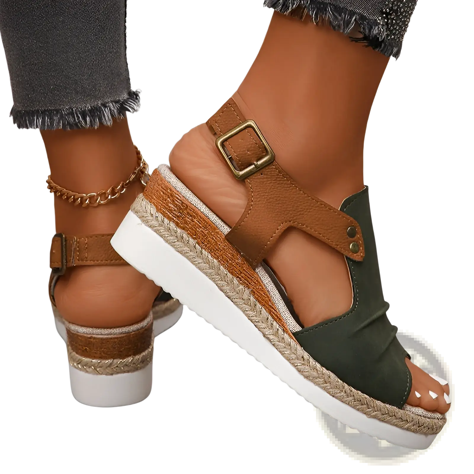 Olive green and tan wedge sandals for women with braided rope sole, adjustable ankle strap, and gold-tone buckle