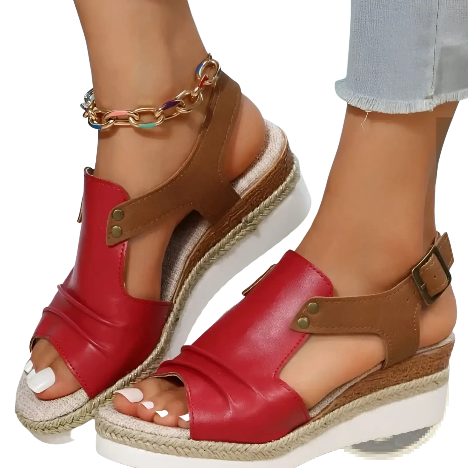 Wedge sandals women peep toe espadrille beach shoes in red and brown leather with a braided rope sole