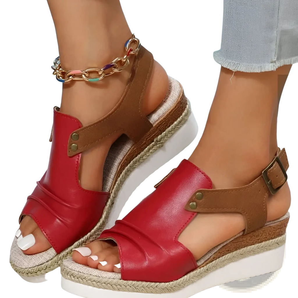 Red and brown leather wedge sandals with braided rope sole peep toe espadrille beach shoes for women