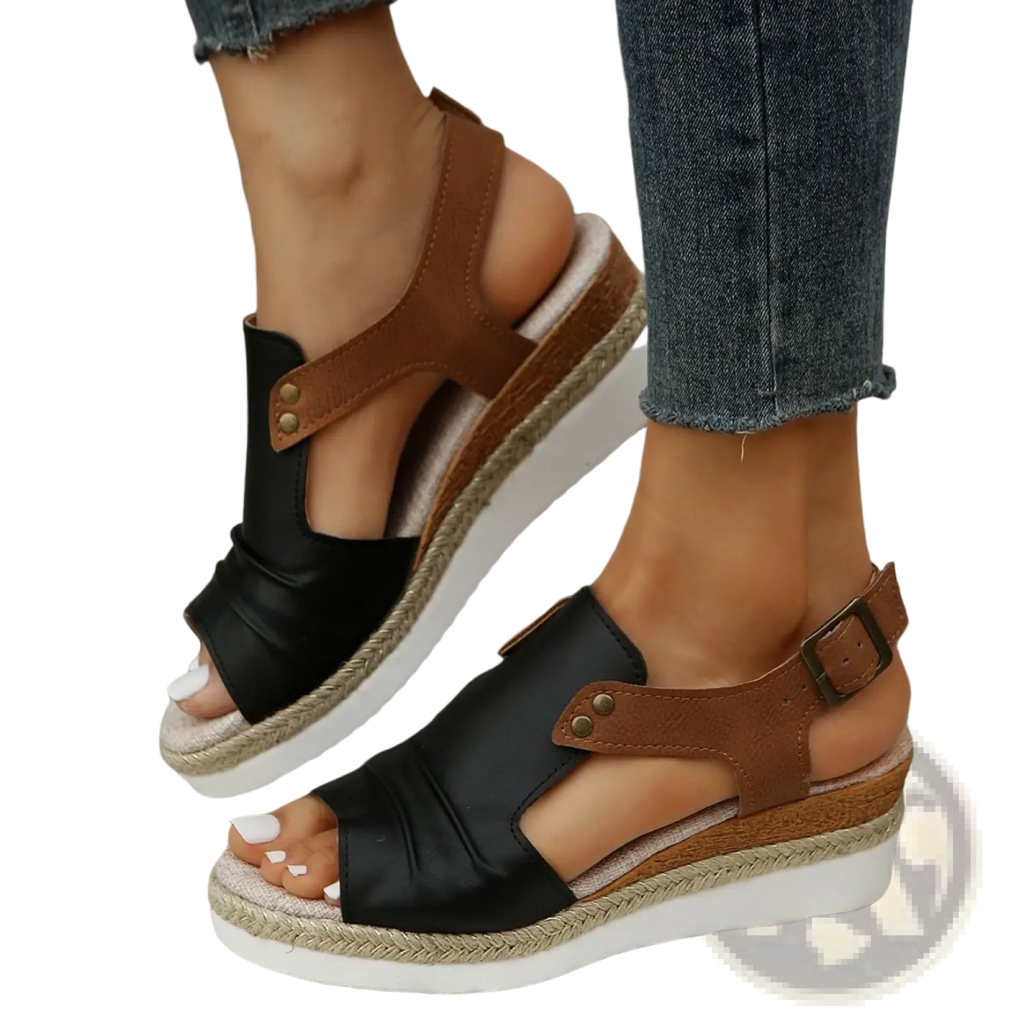 Wedge sandals women peep toe espadrille beach shoes in black and brown leather with braided rope sole