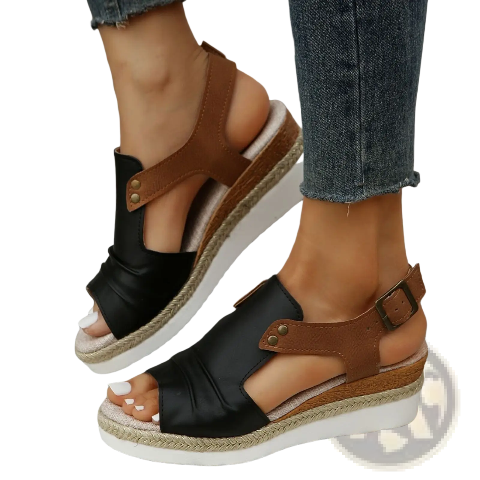 Wedge sandals women peep toe espadrille beach shoes in black and brown leather with braided rope sole