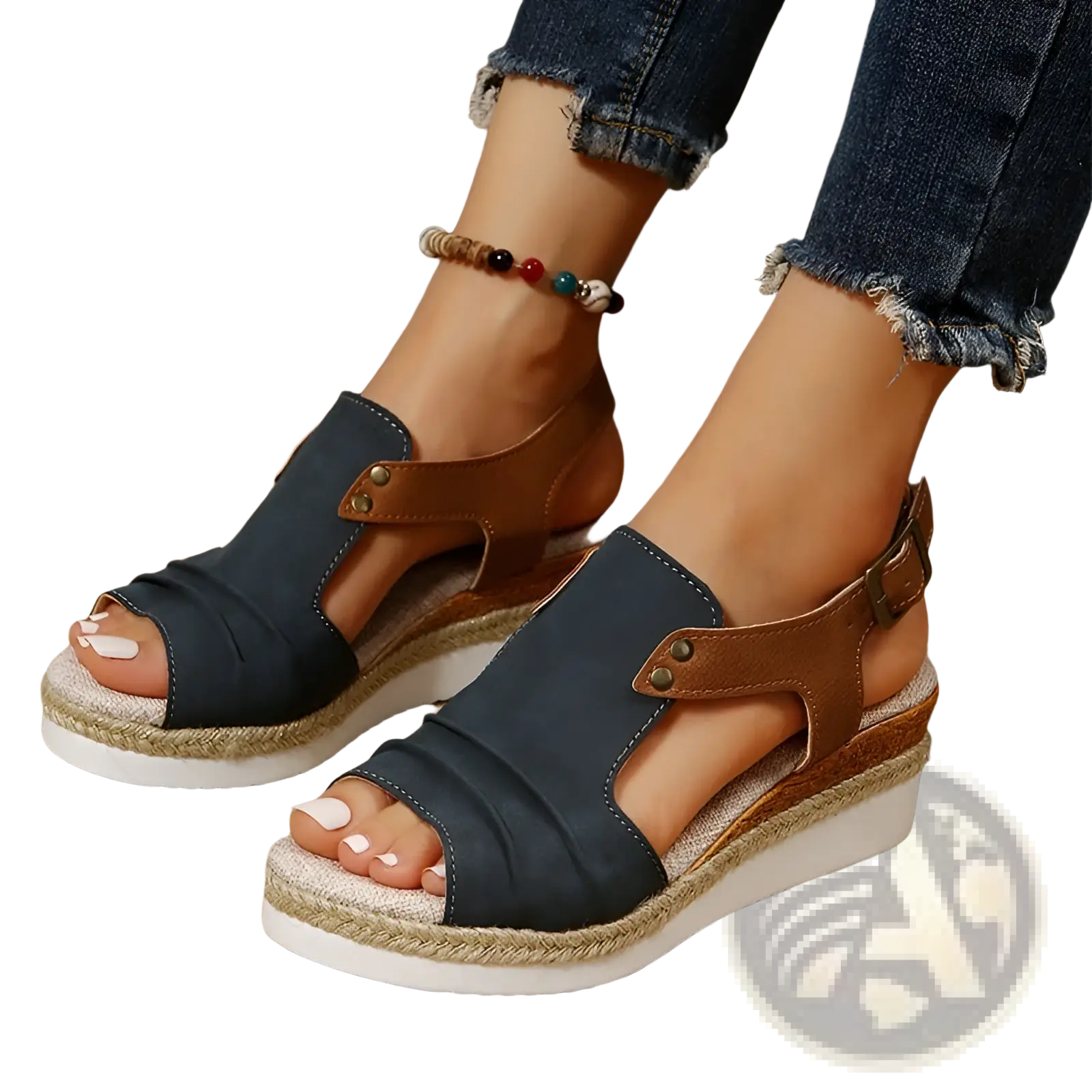 Dark blue and brown wedge sandals with peep toe and woven espadrille sole for women beach shoes