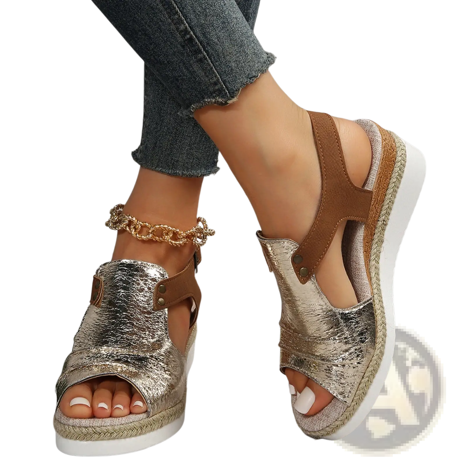 Wedge sandals women peep toe espadrille beach shoes in shiny metallic gold and brown with woven rope soles
