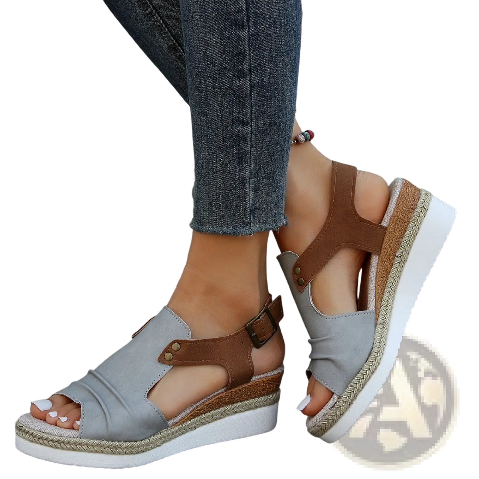 Gray and brown wedge sandals for women with peep toe design and woven rope espadrille sole ideal for beachwear