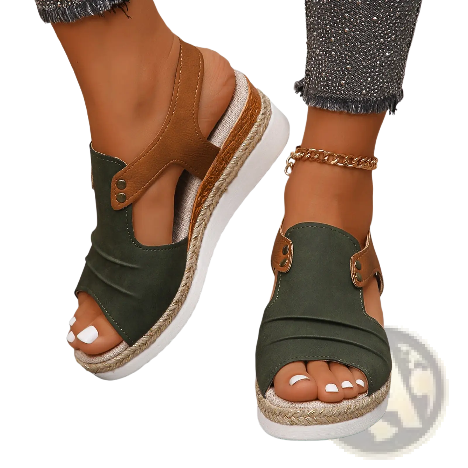 Wedge sandals women peep toe espadrille beach shoes in olive green and tan leather with braided rope sole