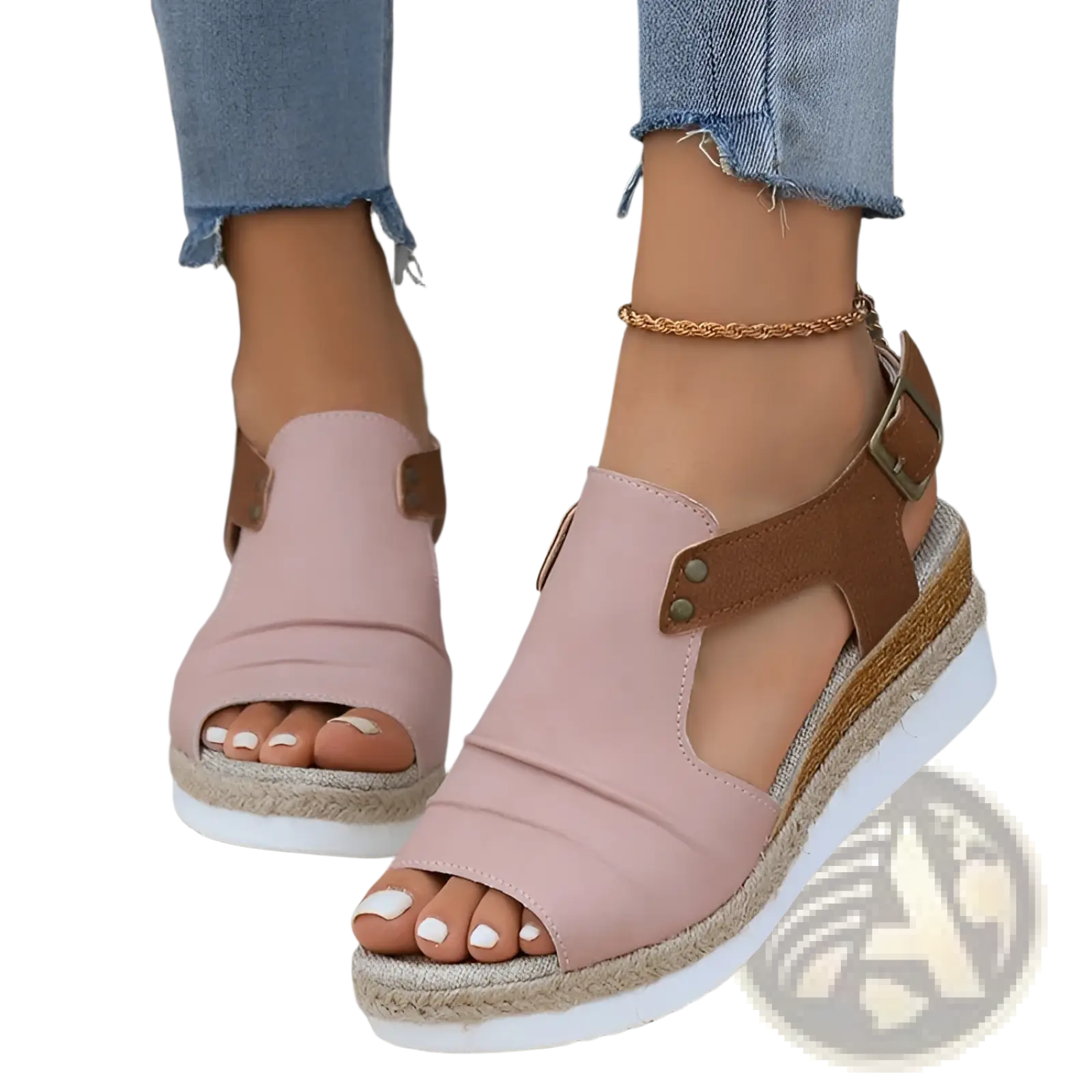 Wedge sandals women peep toe espadrille beach shoes in pink and brown with a woven espadrille sole