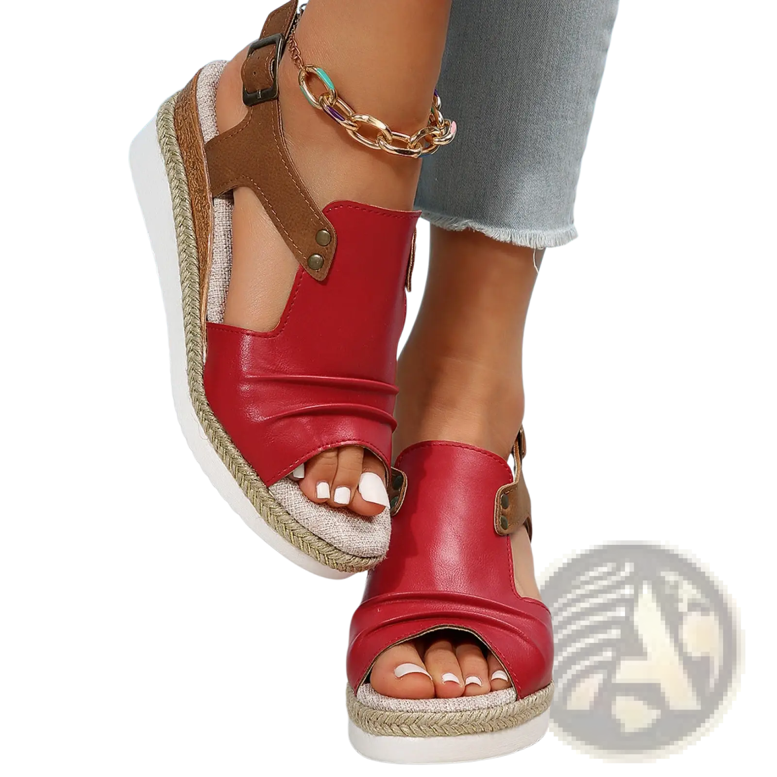 Red leather wedge sandals with brown straps and woven espadrille sole for women peep toe beach shoes