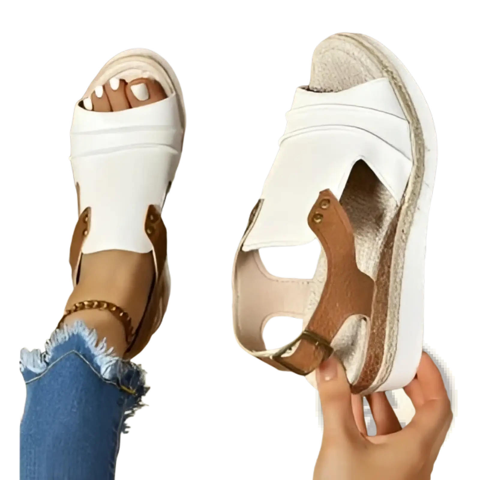 White and tan wedge sandals with woven strap detail and peep toe espadrille design for beachwear