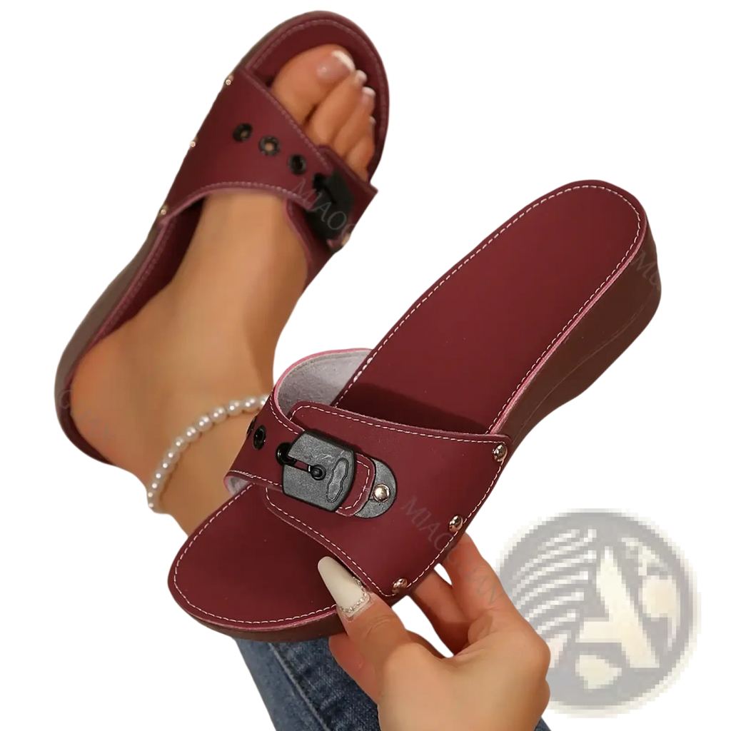 Maroon wedge platform slide sandals with silver buckle and decorative rivets for women summer casual wear