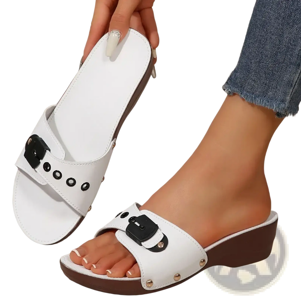 White wedge sandals for women featuring black buckle accents and brown platform soles ideal for summer casual wear